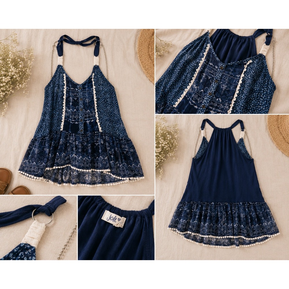 Jolt Boho Halter Tank Top Womens Large Blue Paisley Floral Crochet Trim Flowy